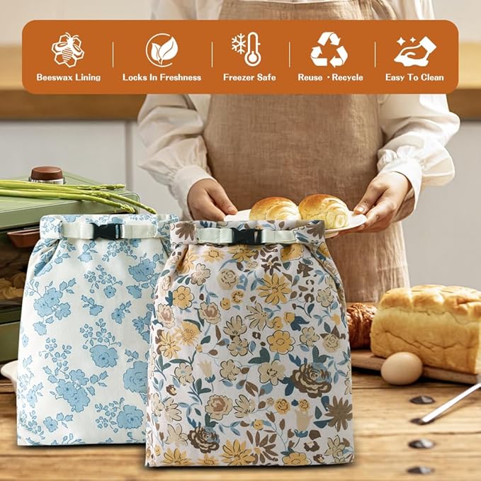 Bread Bags for Homemade bread,2 Pack Sourdough Bread Bags,Beeswax Bread Bags for Bourdough,Reusable Bread Storage