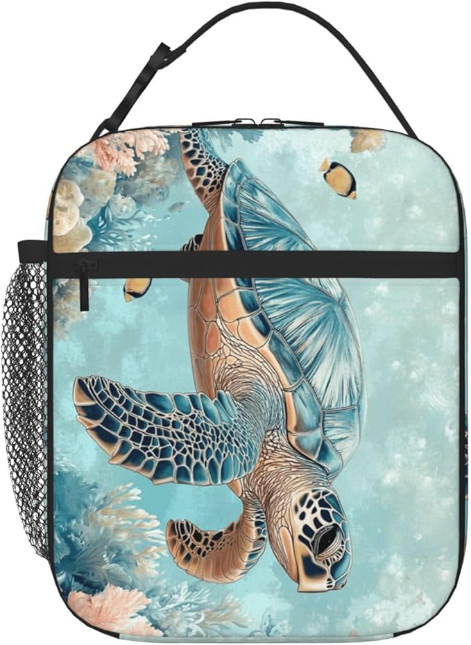 SUPLUCHOM Lunch Bag Turtle Sea Coral Ocean Insulated Bento Box Cooler with Side Pocket for Girl Boy Women Men Work School Picnic Hiking Daytrip