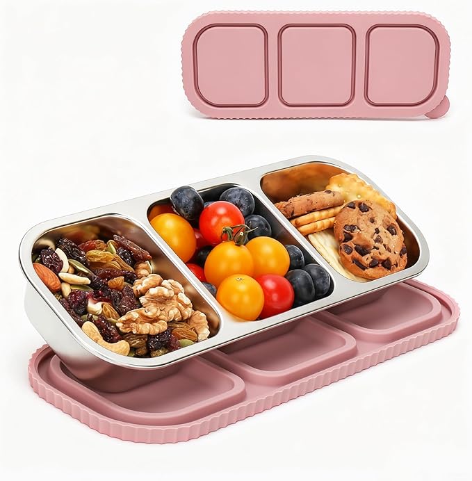 ﻿ 3 Compartment Stainless Steel Snack Containers with Silicone Lids, Reusable Food Storage Containers ，snackle box container for School ，Travel, Outdoor, Camping.