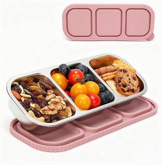 ﻿ 3 Compartment Stainless Steel Snack Containers with Silicone Lids, Reusable Food Storage Containers ，snackle box container for School ，Travel, Outdoor, Camping.
