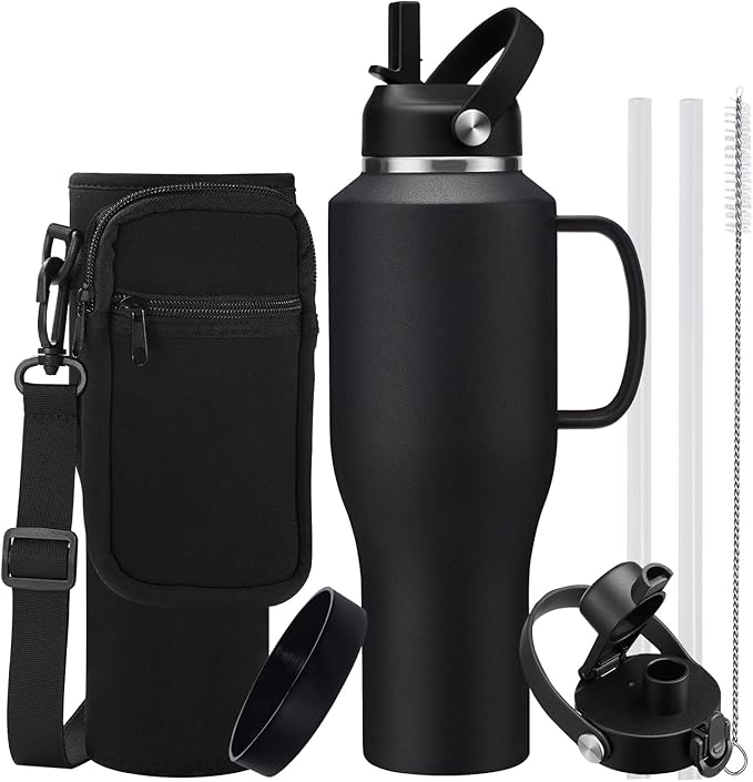 40oz Insulated Water-Bottle with Handle - Straw & Auto Chug Lid, Protective Boot, Carrier Bag, Stainless Steel Water Bottle, Leak-proof Coffee Tumbler, Skinny Flask Fit in Car Bike Cup Holder