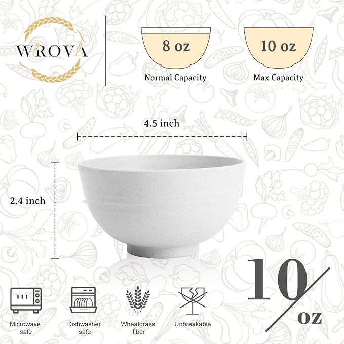 Wrova Handy Wheat Straw Bowls Set of 6,Unbreakable Ice-Cream Bowls Sets for Kids,10oz Small Dessert Bowls for Kitchen,Camping and RV.White Series