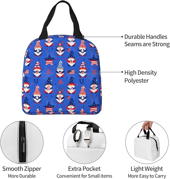 American Gnome Patriotic Lunch Box 4th of July Memorial Day Lunch Bag Insulated Reusable Lunch Tote Bag Cooler Tote Bag for Men Women