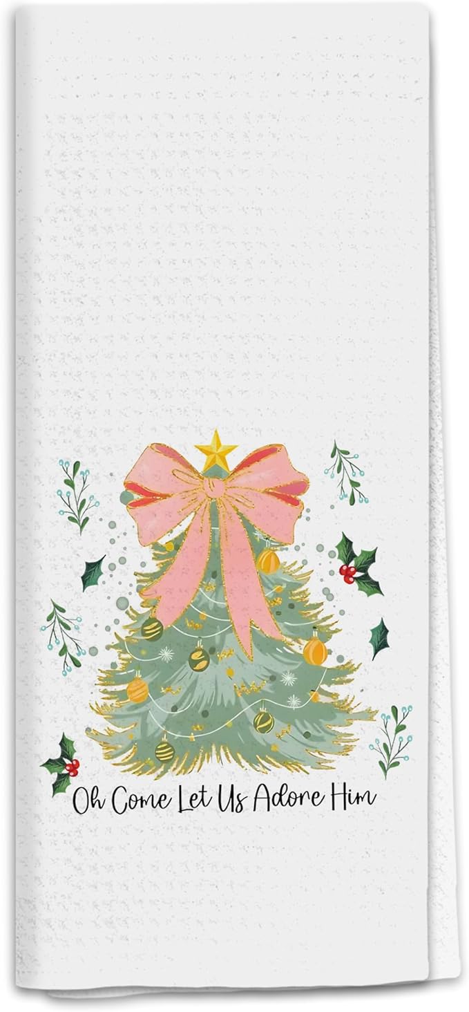 Christian Christmas Kitchen Towels, Pink Bow Xmas Tree Dish Tea Towels for Kitchen, Oh Come Let Us Adore Him Bible Verse Decorative Hand Towel for Bathroom, 16x24 Inch
