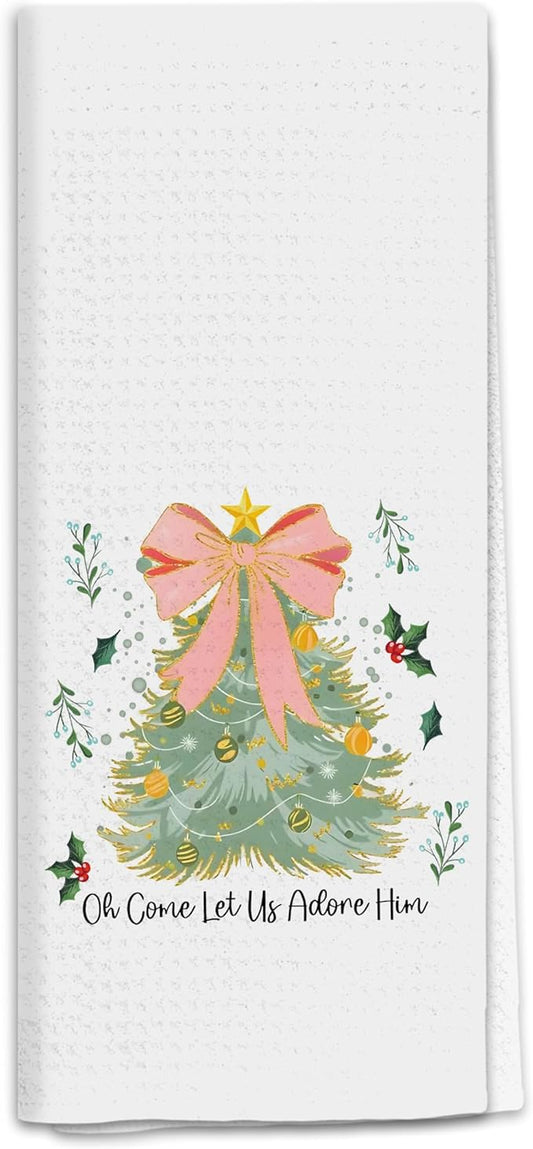 Christian Christmas Kitchen Towels, Pink Bow Xmas Tree Dish Tea Towels for Kitchen, Oh Come Let Us Adore Him Bible Verse Decorative Hand Towel for Bathroom, 16x24 Inch