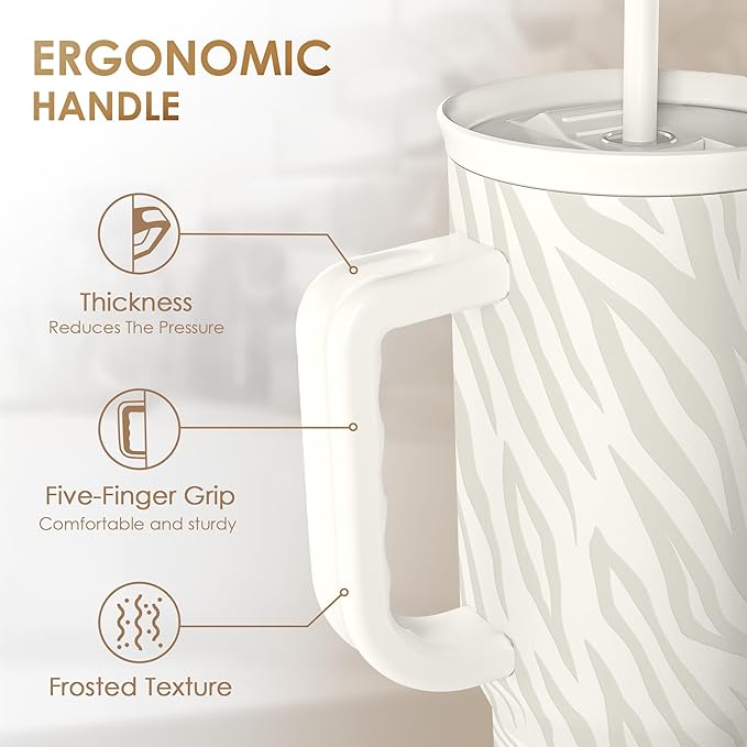 Zebra Skin 40oz Slider Tumbler with Handle and Straw - Insulated Stainless Steel Travel Coffee Mug for Women Girls, Gift for Birthday, Christmas