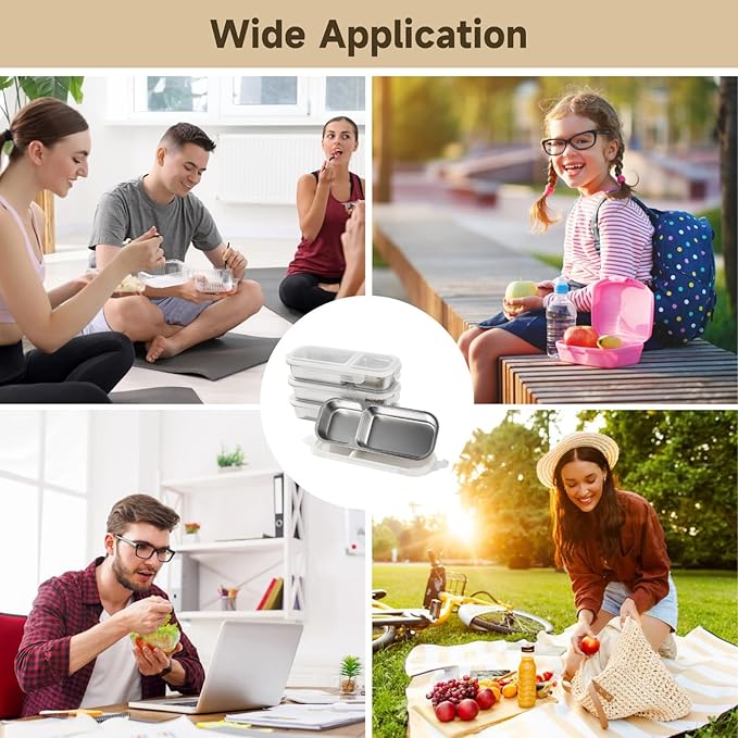 yeesport 4 Pcs Stainless Steel Bento Boxes, 2-Compartment 23.7 fl oz Snack Containers with Leakproof Silicone Seals, Stackable Meal Prep Food Storage Box for Adults & Youngsters