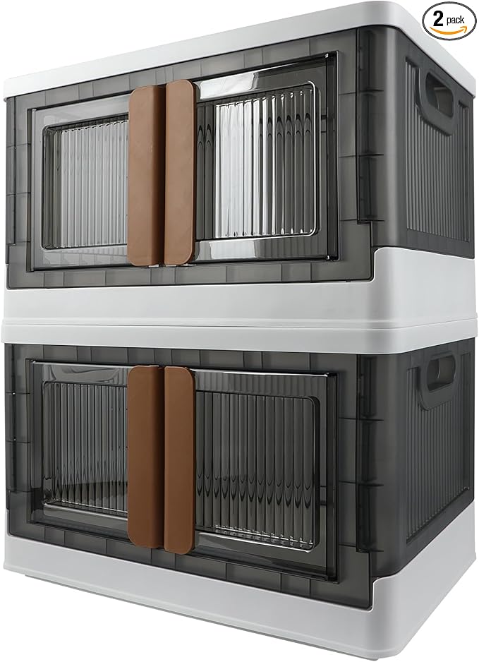 Storage Bin, Cabinet with Lids, 8.4 Gallon Capacity (Per One), 2 Pack, With Double Door and Locks, Foldable, Transparent, For Toys, Cloth, Books