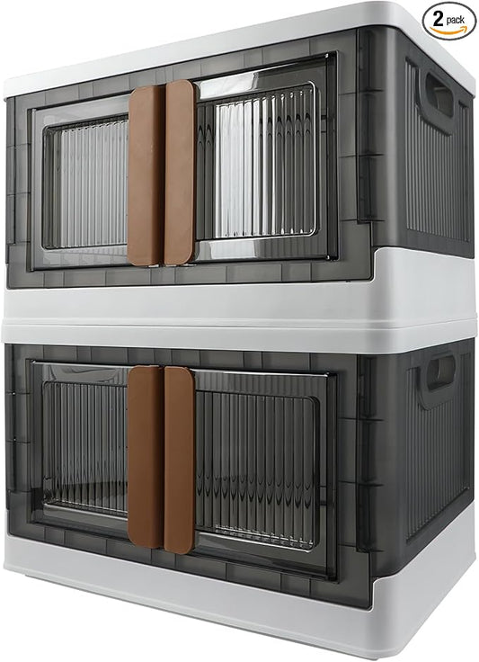 Storage Bin, Cabinet with Lids, 8.4 Gallon Capacity (Per One), 2 Pack, With Double Door and Locks, Foldable, Transparent, For Toys, Cloth, Books