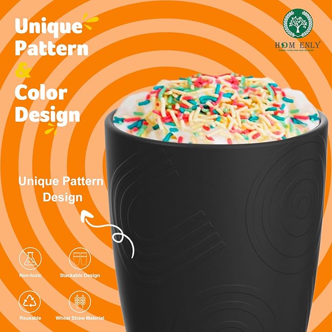 Homienly Wheat Straw Cups 8 PCS Plastic Cups Unbreakable Drinking Cup Reusable Dishwasher Safe Water Glasses with Black Colors (12 OZ)