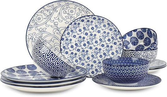 Selamica Ceramic Dinnerware Sets, 12-Pieces Plates and Bowls Sets, Scratch Resistant Dishes set for 4, Dishwasher & Microwave Safe,Vintage Blue