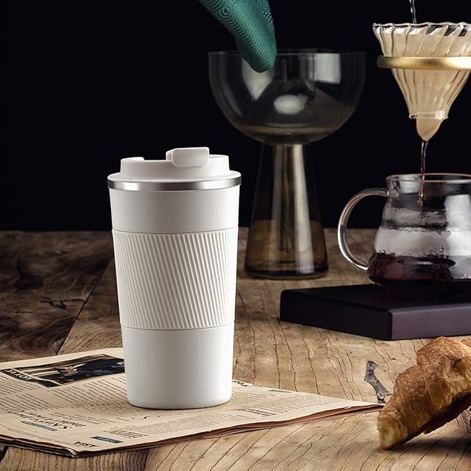 17oz Travel Coffee Cups Insulated Mug Thermal Tumbler to Go with Lid Leak Proof Reusable Stainless Steel Coffee Mug Spill Proof for Hot and Iced Cold Drinks (White, 510ml)