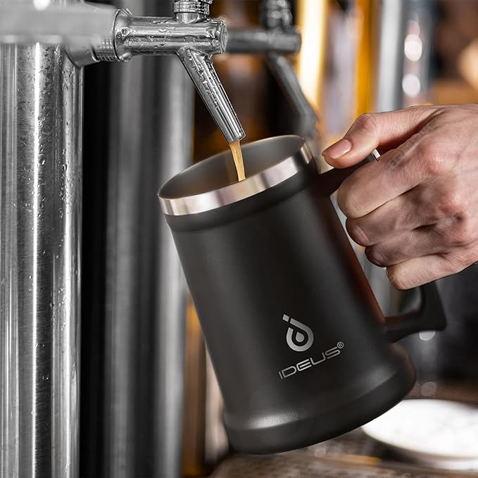 Ideus Insulated Beer Stein, 24/32oz Stainless Steel Double Walled Beer Mug Giant Bar Drinkware Metal Beer Cup with Big Grip Handle (34oz (1,000ml), Black)