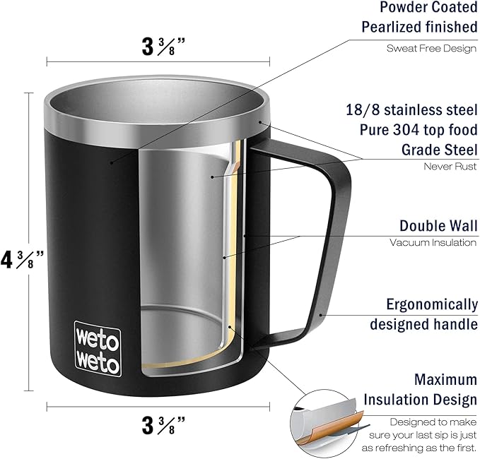 WETOWETO Coffee Mug with Handle, 14oz Insulated Stainless Steel Reusable Coffee Cup, Double Wall Coffee Travel Mug, Powder Coated Black