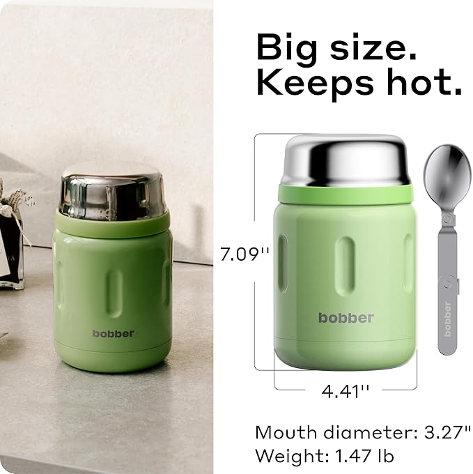 BOBBER 24 oz Insulated Stainless Steel Thermos for Hot Food, Extra-Wide Mouth Soup Container with Spoon and Bowl - Keeps Rice and Pasta Hot for 14 Hours and Salads Cold for 20 Hours (Green)