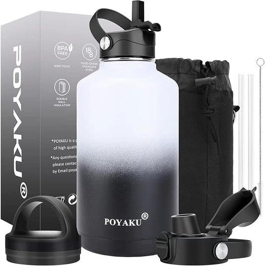 Water Bottle Insulated 32oz 40oz 64oz 128oz Straw Lid Spout Lid & 3 Lids, Leak Proof, Vacuum Insulated,Stainless Steel Water Bottle Wide Mouth for Sports, Gym or Office