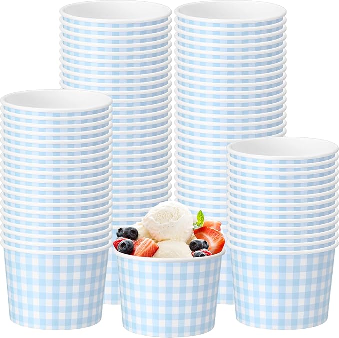 50 Pack Blue Gingham Ice Cream Cups 9 oz Blue and White Checkered Disposable Dessert Bowls Paper Soup Bowls Plaid Snack Cups for Hot or Cold Food for Baby Shower Wedding Birthday