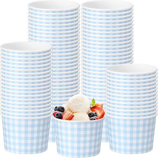 50 Pack Blue Gingham Ice Cream Cups 9 oz Blue and White Checkered Disposable Dessert Bowls Paper Soup Bowls Plaid Snack Cups for Hot or Cold Food for Baby Shower Wedding Birthday