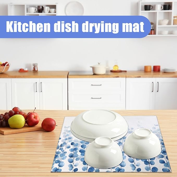 Blue Eucalyptus Leaves Dish Drying Mat for Kitchen Counter Drying Pad Absorbent Reversible Dish Drainer Rack Mats Draining Pad 18"x24"Inch