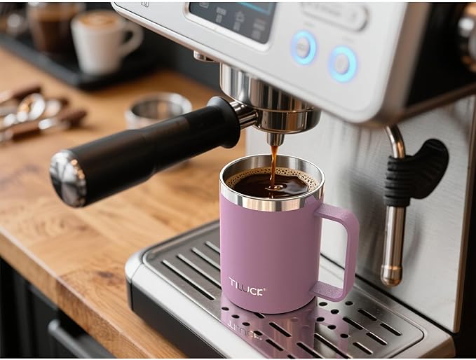 TILUCK 12 oz Insulated Coffee Mug with Lid, Leak-Proof Stainless Steel Travel Mug Cup with Handle for Hot or Cold Drinks(Lilac, 12oz)