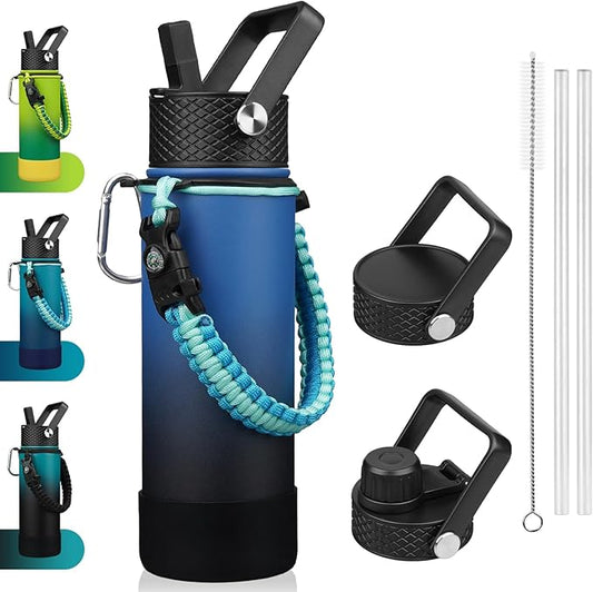BJPKPK Insulated Water Bottle with Straw Lid, 22oz Thermo Water Bottles with 3 Lids, Paracord Handle & Non-slip Boot, BPA Free Leak Proof Stainless Steel Tumblers,Blue Black