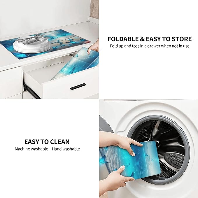 Blue Butterfly Beach Dish Drying Mat 18x24 Inch, Microfiber Absorbent Fast Dry Mat Large Dish Mat Drying Kitchen Mat, Kitchen Drying Pad for Kitchen Counter Coffee Bar Decor Gifts