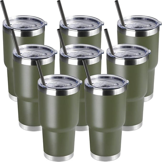 DOMICARE 30oz Tumbler Bulk with Lid and Straw, Double Wall Travel Coffee Mug, Insulated Vacuum Stainless Steel Tumblers, Powder Coated Tumbler Cup (Army Green, 8)