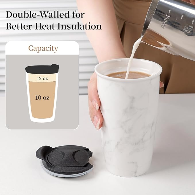 ANTIS'S HOME Ceramic Coffee Mug with Lid, Marble Double Wall Coffee Travel Mug Ceramic Tumbler 12 oz, Reusable Tall Cup, Splash Resistant Lid, Dishwasher Microwaveable Safe