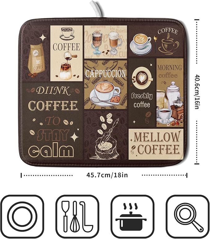 Brown Coffee Dish Drying Mat 16x18 Inch Coffee Cup Espresso Machine Pad Absorbent Washable Dish Rack Pad for Kitchen Counter Cafe Bar