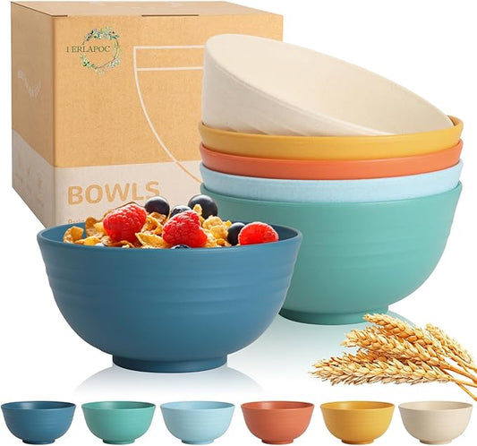 Wheat Straw Bowls, 26 OZ Cereal Bowls Set of 6, Unbreakable Salad and Soup Bowls for Kitchen, Microwave & Dishwasher Safe Bowl Set, Plastic Camping Bowl - Multi