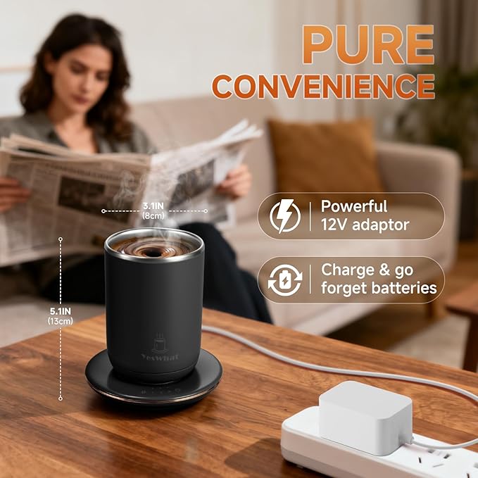 Temperature Control Self Stirring Coffee Mug with Lid, Automatic Heated Coffee Milk Cocoa Cup, Black 11 oz Smart Stainless Steel Mug Warmer with USB Type-C