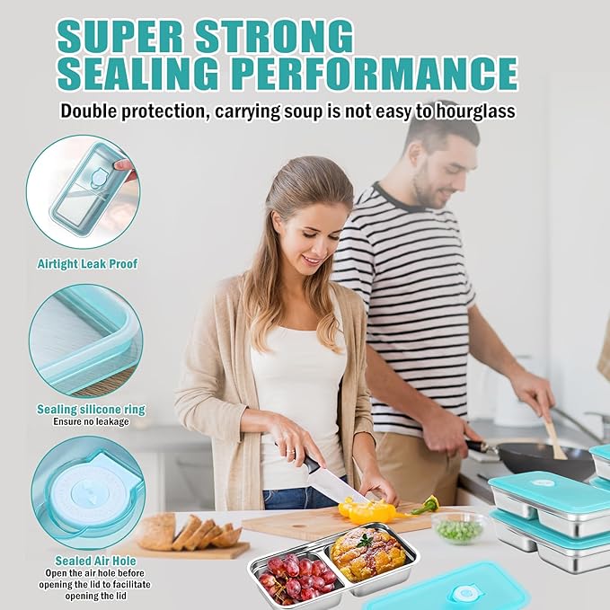 Reusable Stainless Steel Snack Containers with Lids,Double Compartment 2 Condiment Containers,Grab and Go Divided Snack Food Storage for Kids Adults, Sauce Cups for School, Trave (2)