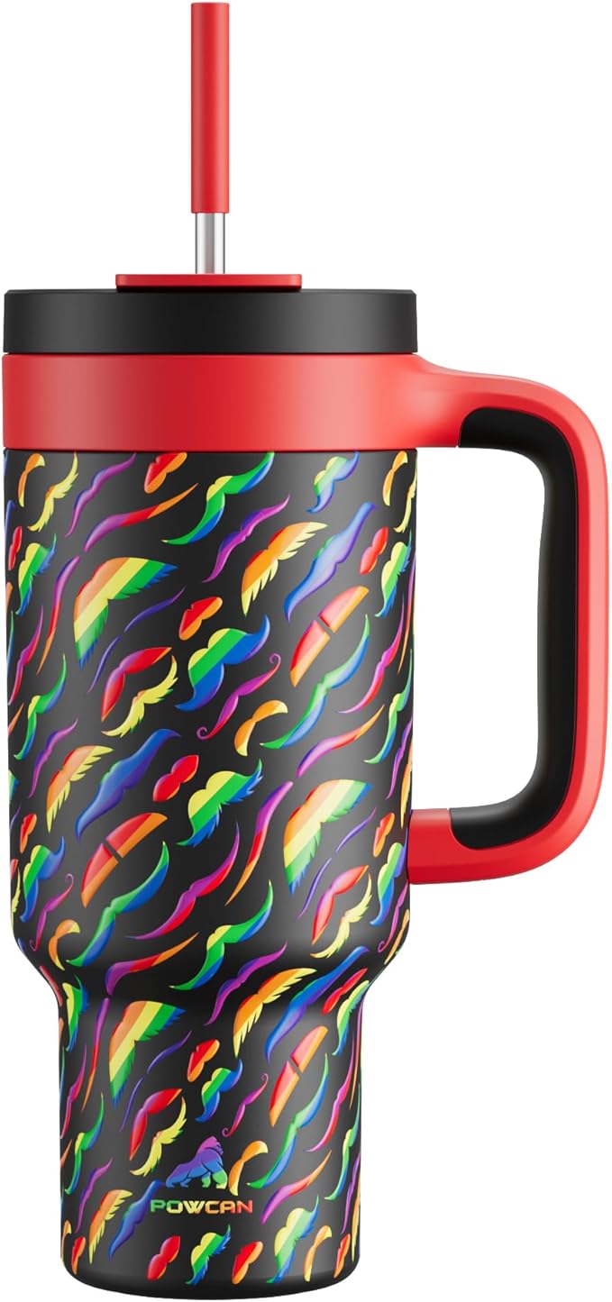 40 oz Tumbler with Handle, 2-in-1 Straw and Sip Lid, Leakproof, Dishwasher Safe, Insulated Stainless Steel Travel Coffee Mug, Keeps Cold for 34 Hours, Fits in Car Cup Holder (Rainbow Whiskers)