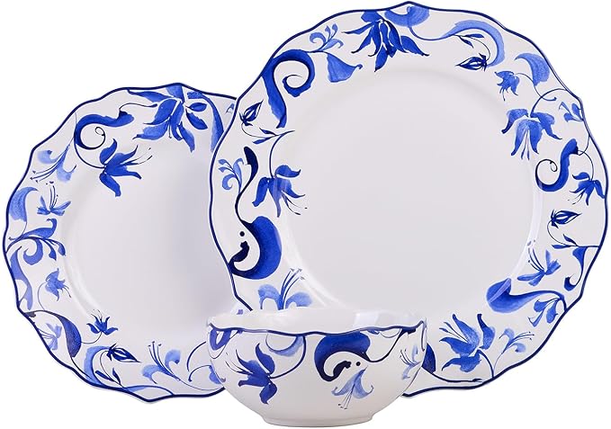 222 Fifth 12-Piece Porcelain Dinnerware Set for 4, Blue & White Plates and Bowls Set, Glossy Ceramic Dish Set with Beautiful Floral Rims, Elegant Kitchen Dishes, Microwave & Dishwasher Safe, Ayla