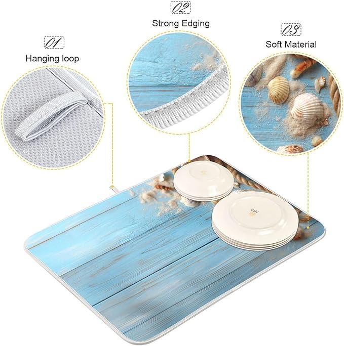 Summer Beach Seashells Dish Drying Mat for Kitchen Counter Super Absorbent Dishes Pad Reversible Microfiber Protector Dish Draining Mats 18x24 inch