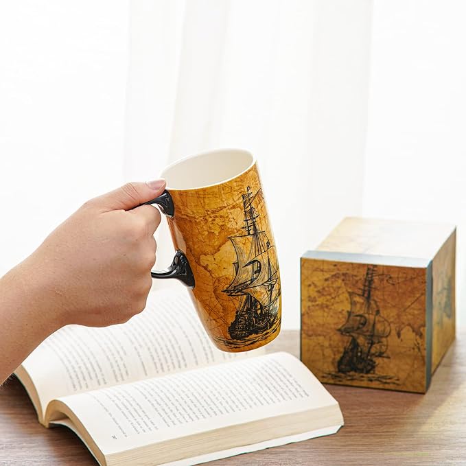 Topadorn Ceramic Mugs Porcelain Latte Tea Cup Coffee Mug with Lid and Gift Box,17oz.Sailing Ship