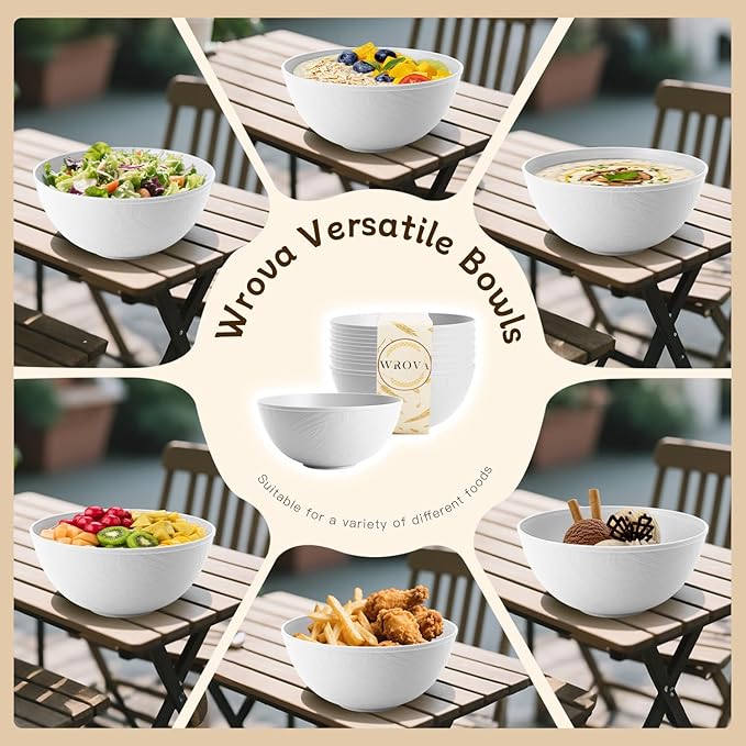 Wrova White Wheat Straw Bowls for Cereal and Salad,Alternative Plastic Bowls Set of 6,40oz Unbreakable Soup Bowls suitable for Kitchen,Party,Camping and R.V.