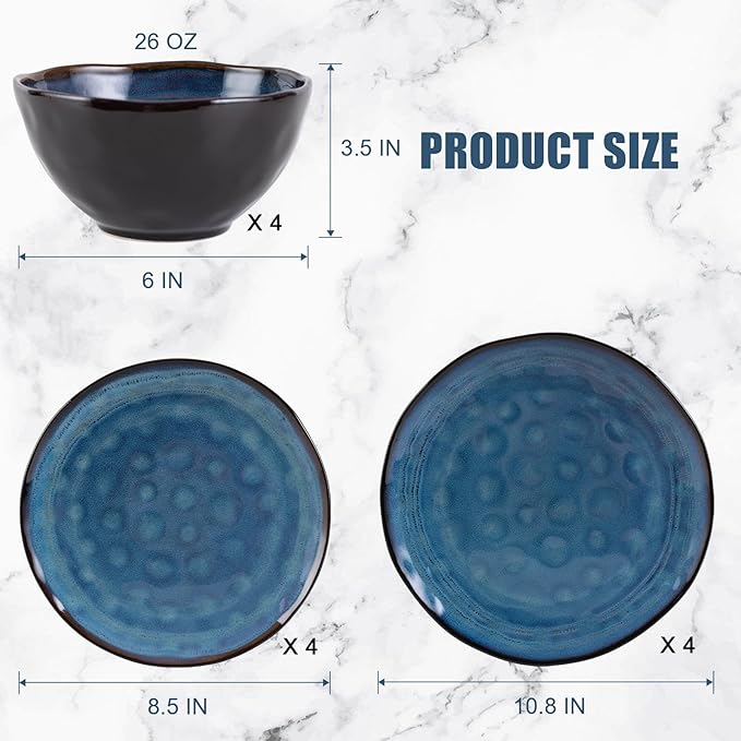 Dinnerware Set Blue 12 Pieces Service for 4, Stoneware Plates and Bowls Set Stoneware Set, Dishwasher Microwave Safe Dishes set