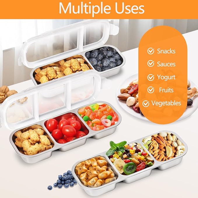 Stainless Steel Snack Containers with Lids, 2 Pack Grab and Go Metal Snack Containers, 3 Compartment Reusable Stainless Steel Snack Box for Food Lunch Meal Prep (3+2 Compartment 2 PCS)