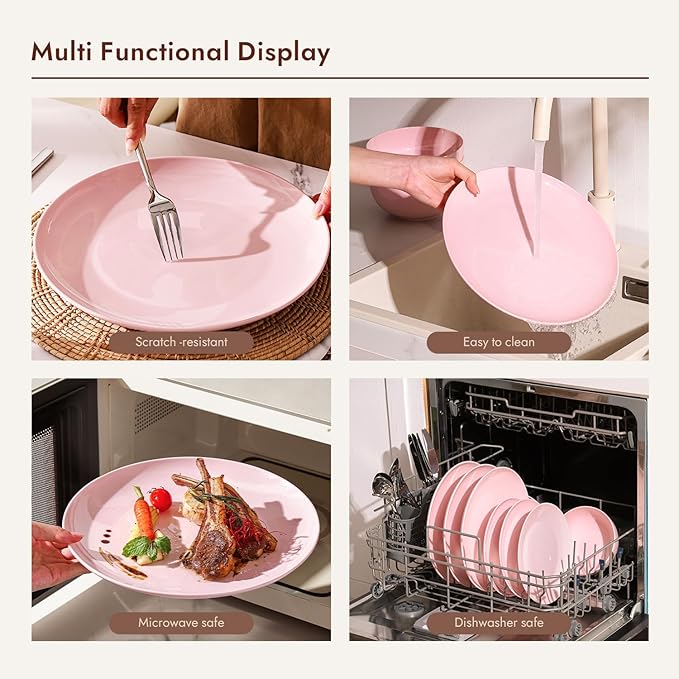 KINGSTONE Bone China Dinnerware Sets, 12-Piece Dinnerware Sets for 4, Lightweight Durable, Dishwasher Safe, Tableware for Daily Use with Elegant Design, Pink