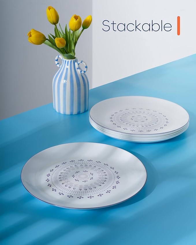 10.5 inch Dinner Plate Set of 6, Lightweight Round Opal Glass Dinnerware Plates, Dishwasher and Microwave Safe, Lavender Purple