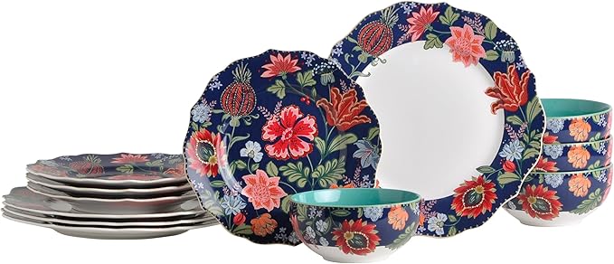 222 Fifth 12-Piece Porcelain Dinnerware Set for 4, White & Parisian Blue Plates and Bowls Set with Gold Rim, Glossy Ceramic Dish Set with Detailed Floral Design, Microwave & Dishwasher Safe, Chintz
