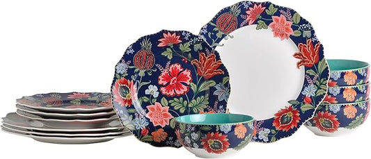 222 Fifth 12-Piece Porcelain Dinnerware Set for 4, White & Parisian Blue Plates and Bowls Set with Gold Rim, Glossy Ceramic Dish Set with Detailed Floral Design, Microwave & Dishwasher Safe, Chintz