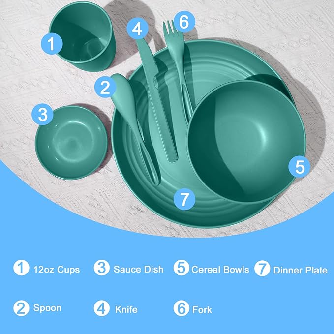 Wrova wheat straw bowls,plates,cups and cutlery sets 28 pcs - Dishwasher safe dish sets for kitchen, camping, indoors and outdoors.Green