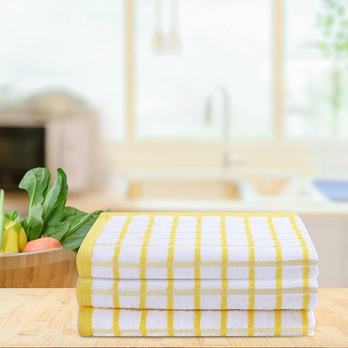 Urban Villa Kitchen Towels Yellow/White Set of 3 Terry Kitchen Towels 100% Cotton Ultra Soft Size 20X30 Inches Highly Absorbent Over Sized KitchenTowels with Hanging Loop KitchenTowels