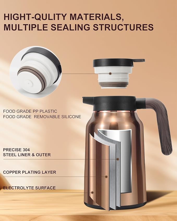 51 Oz Carafes for Hot Liquid, Stainless Steel Insulated Vacuum Thermal Coffee Carafes For Keeping Hot, 1.5 Liter Coffee Dispenser(Gold)