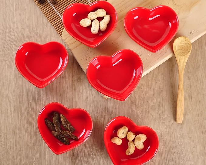 WHJY Red Love Heart Shaped Ceramic Side Dish Bowl, Contemporary Porcelain Side Dishes Bowl, Seasoning Dishes Soy Dipping Sauce Dishes for Wedding Birthday Party- Set of 6
