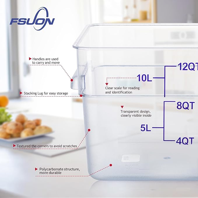 4 Pack Clear Food Storage Containers with Lids and Handles Polycarbonate Square Commercial Food Containers, NSF (12Qt)