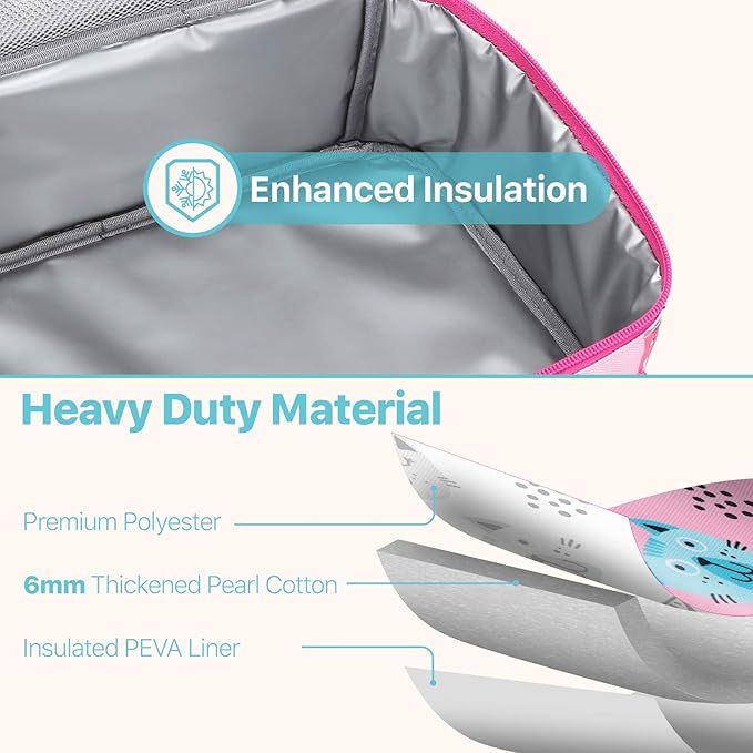 Bagseri Kids Lunch Bag Girls - Kids Lunch Box for Girls Reusable Leak-Proof Insulated Lunch Bag with Water Bottle Holder Toddler Lunch Box for Daycare and School, Cute Cat (Water Bottle Not Included)