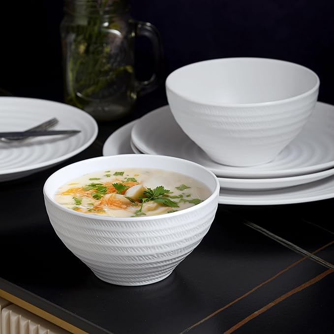 White Melamine Dinnerware Sets,12PCs Anti-scratch Dishes Set, Lightweight and Non breakable Dinnerware,Suit for Indoor and Outdoor Use, Dishwasher Safe,BPA free (Classic White)